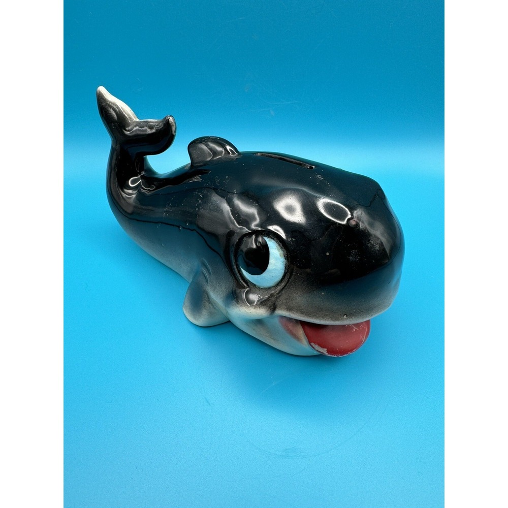 Vintage Whale‎ Ceramic Bank Figurine Piggy Coin Bank Anthropomorphic Happy Gray